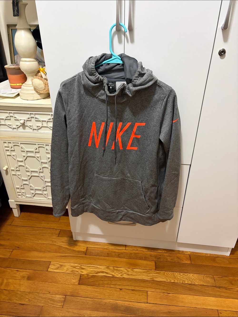 Nike Men's Gray Hoodie Sweatshirt with Bright Orange Logo